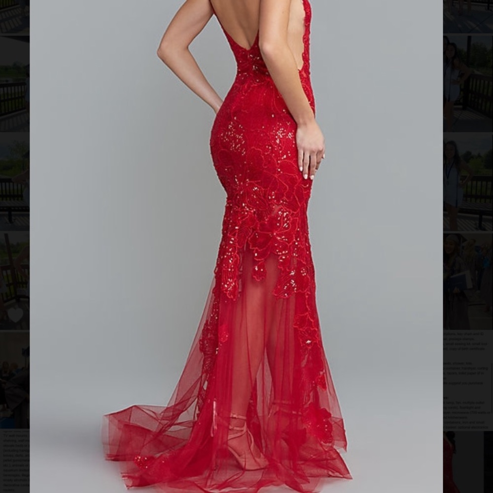 Ava Presley red designer embroidered dress size 0 with beautiful mesh trail.